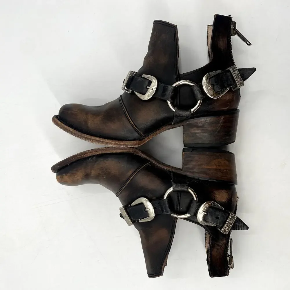 Freebird Truce brown Leather Buckle Distressed Booties